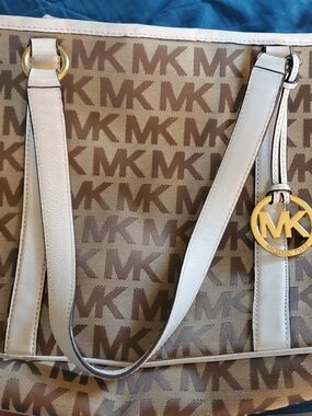 Michael Kors Brown MK Logo Tote with White Trim and Gold Accent